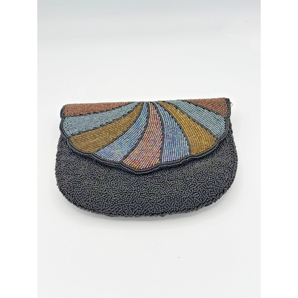 Vintage Beaded Clutch Purse Art Deco Fan Multicolor Evening Bag Black